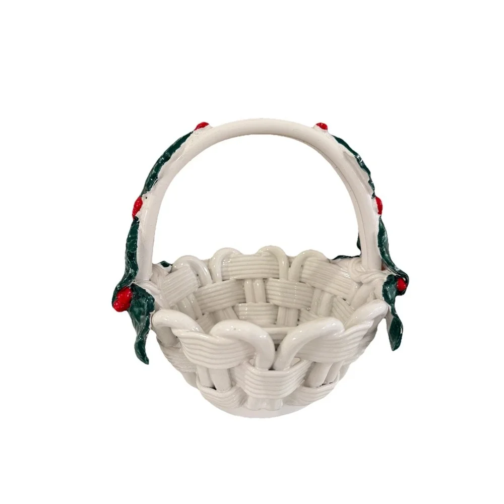 Vintage Ceramic Basket Handle Holly Berries Christmas 8